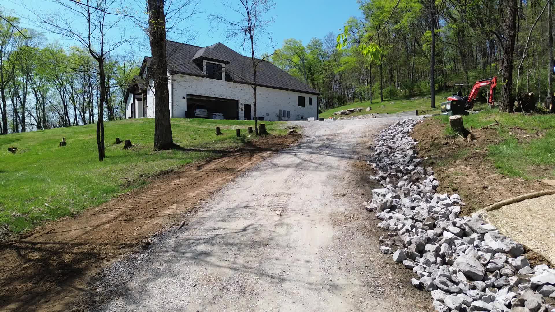 Drone view — gravel driveway and riprap installation, Tennessee