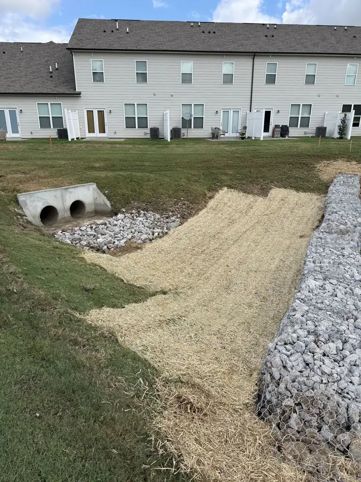 Gabion basket forebay with rip rap at stormwater pond inlet — Lebanon TN